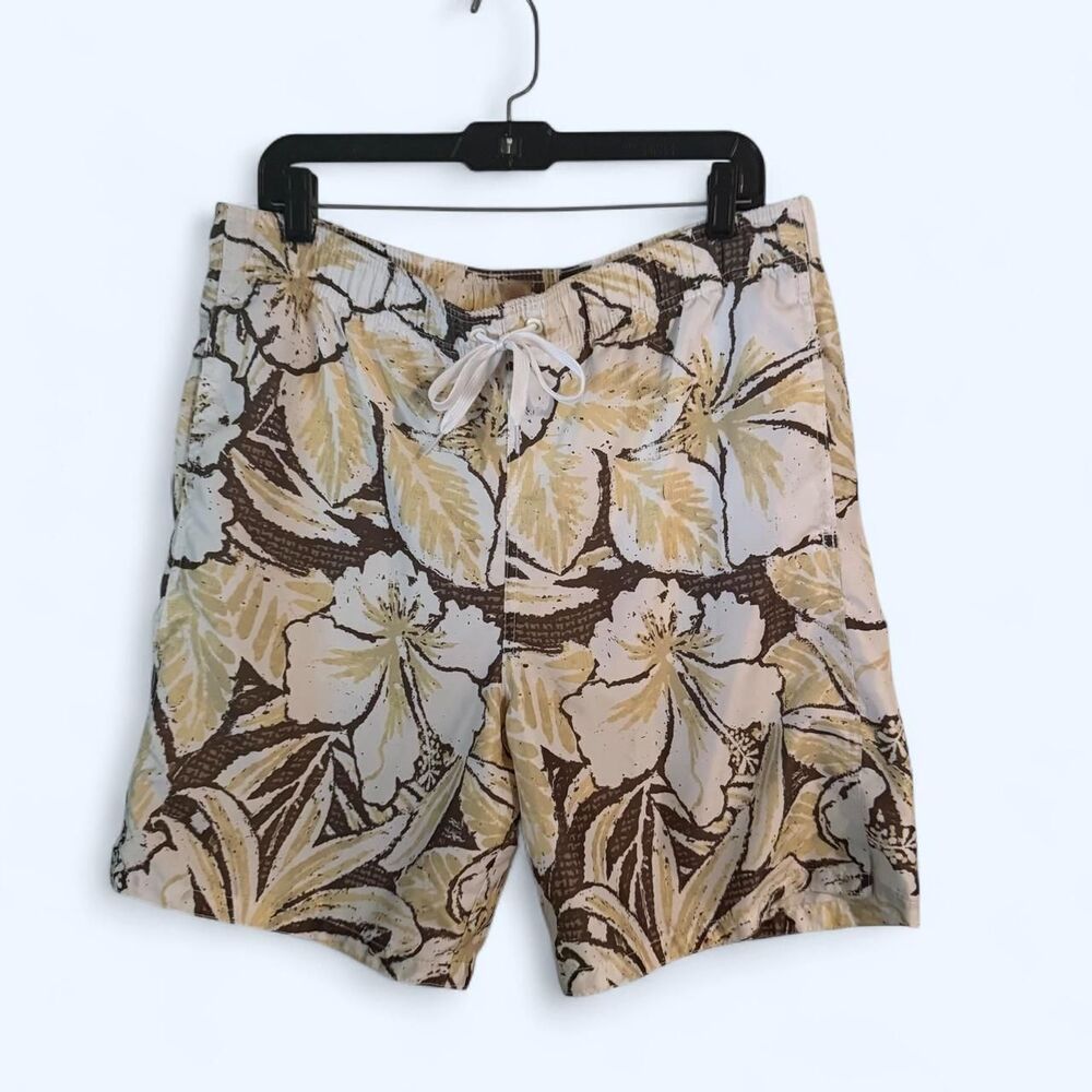 Merona Yellow Brown Hawaiian Hibiscus Swim Trunks Shorts Size M 32 34